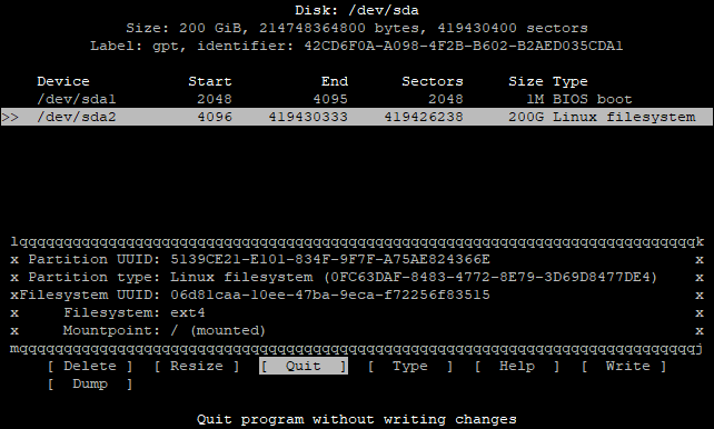 cfdisk çıkış ekranı