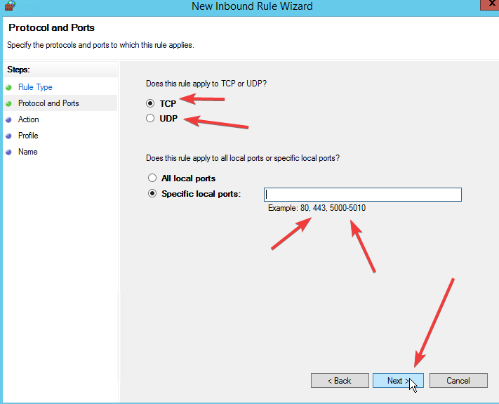 Windows TCP UDP port seçimi